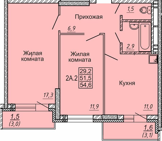 Файл:2 комн. 53,00 м² блок секция 3 в ЖК Новые Матрешки.jpg