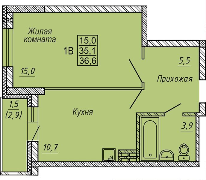 Файл:1 комн. 35,80 м² блок секция 2 в ЖК Новые Матрешки.jpg