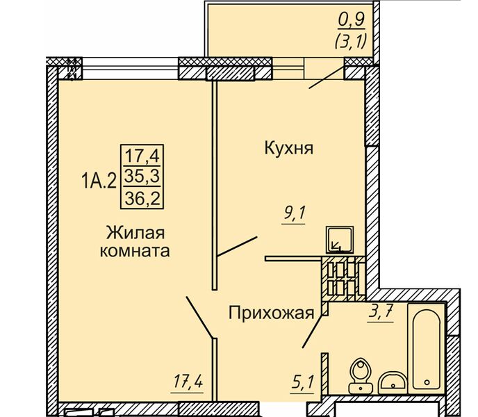 Файл:1 комн. 35,60 м² блок секция 3 в ЖК Новые Матрешки.jpg