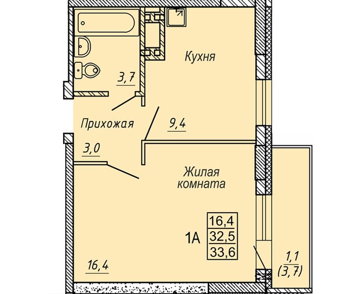 Файл:1 комн. 33,20 м² блок секция 2 в ЖК Новые Матрешки.jpg
