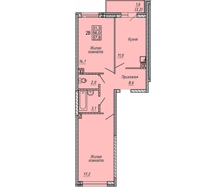 Файл:2 комн. 56,20 м² блок секция 1 в ЖК Новые Матрешки.jpg