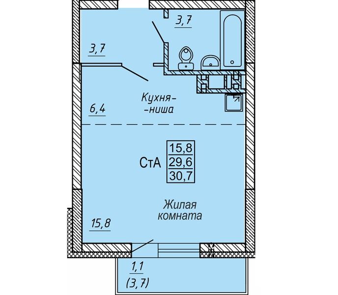 Файл:1 комн. студия 30,40 м² блок секция 1 в ЖК Новые Матрешки.jpg