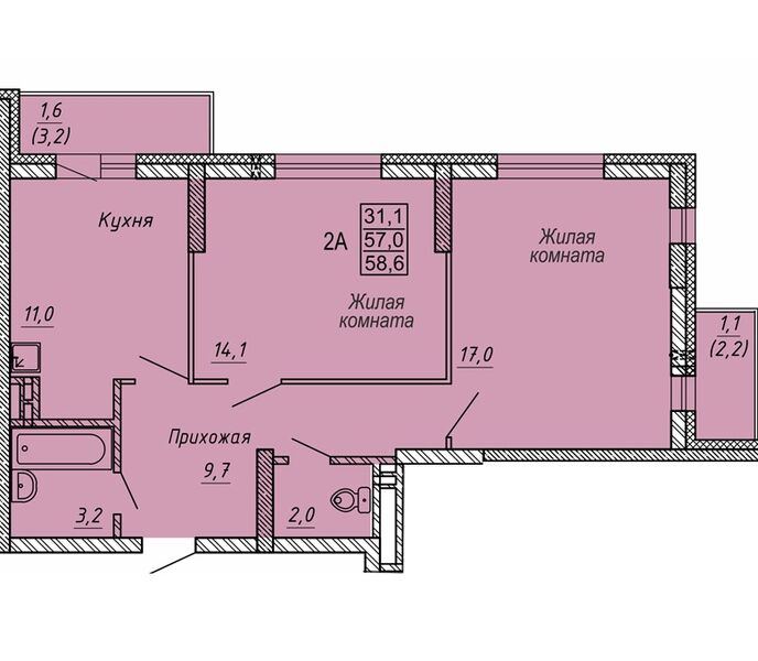 Файл:2 комн. 58,60 м² блок секция 1 в ЖК Новые Матрешки.jpg