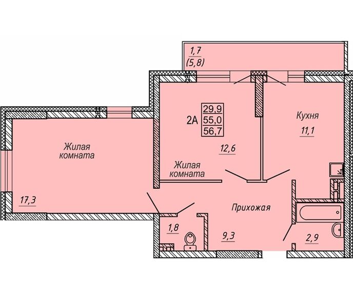 Файл:2 комн. 55,30 м² блок секция 2 в ЖК Новые Матрешки.jpg