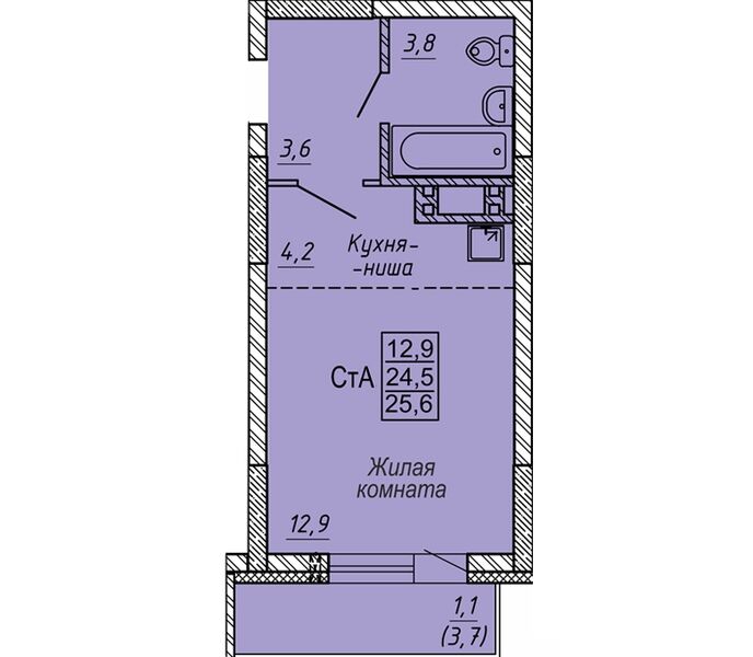 Файл:1 комн. студия 25,20 м² блок секция 2 в ЖК Новые Матрешки.jpg