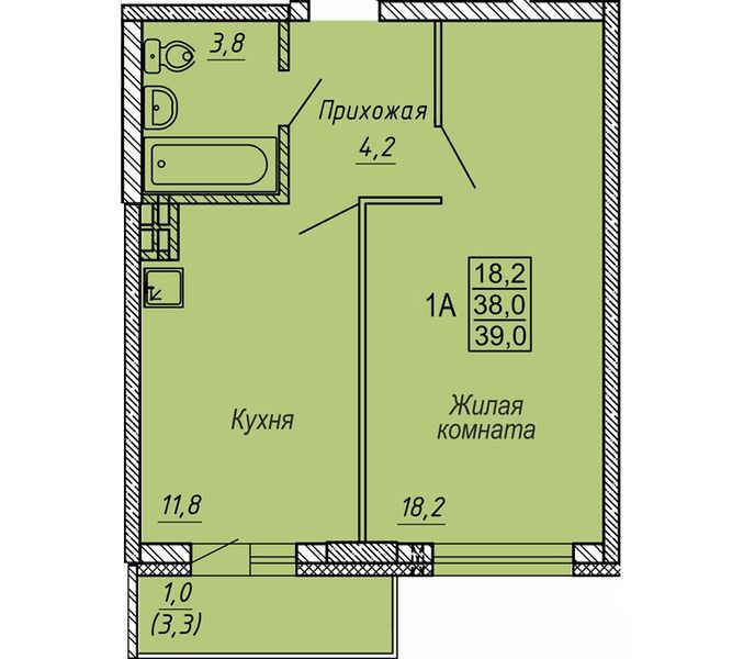 Файл:1 комн. 38,20 м² блок секция 1 в ЖК Новые Матрешки.jpg