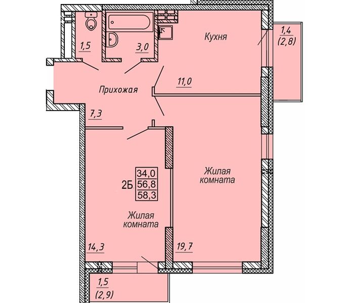Файл:2 комн. 58,30 м² блок секция 1 в ЖК Новые Матрешки.jpg